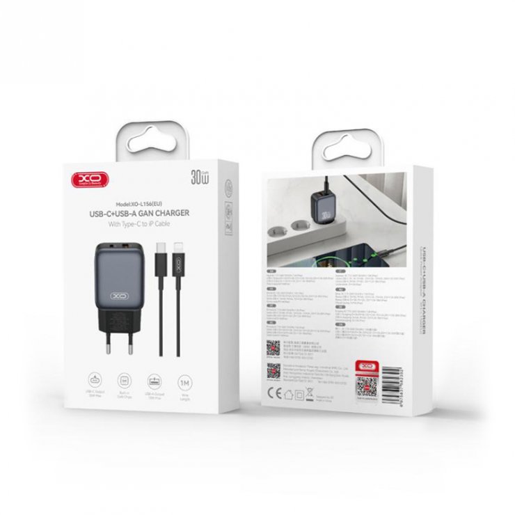 Imagine Incarcator priza USB-A + USB-C 30W + cablu USB type C-Lightning GaN Nitride Negru, XO L156