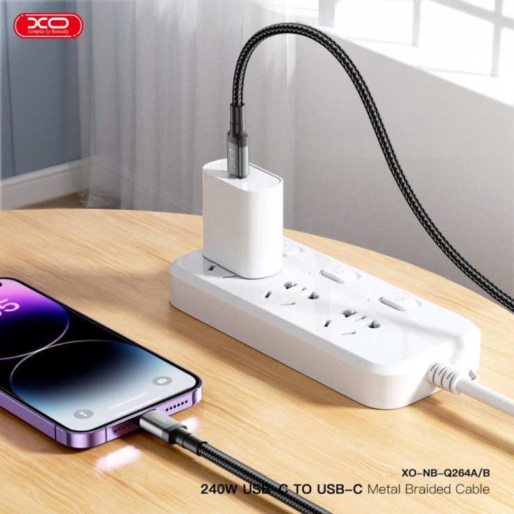 Imagine Cablu USB 2.0 type C la USB type C 240W 1m brodat/metalic Negru, XO NB-Q264A