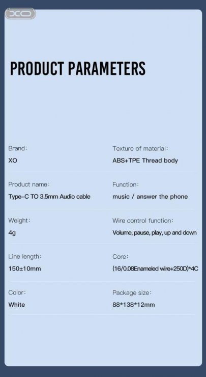 Imagine Adaptor audio USB type C la jack stereo 3.5mm T-M 15cm Alb, XO NB-R161