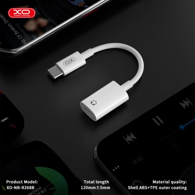 Imagine Adaptor audio USB type C la Lightning T-M 12cm Alb, XO NB-R268B