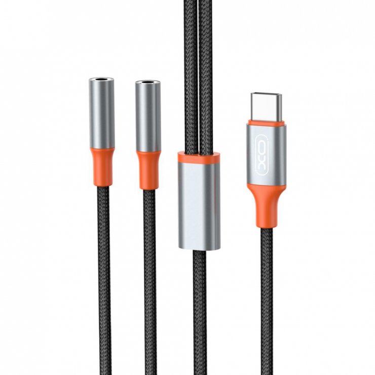 Imagine Cablu audio USB type C la 2 x jack stereo 3.5mm T-M 1.2m brodat Negru, XO NB-R269B