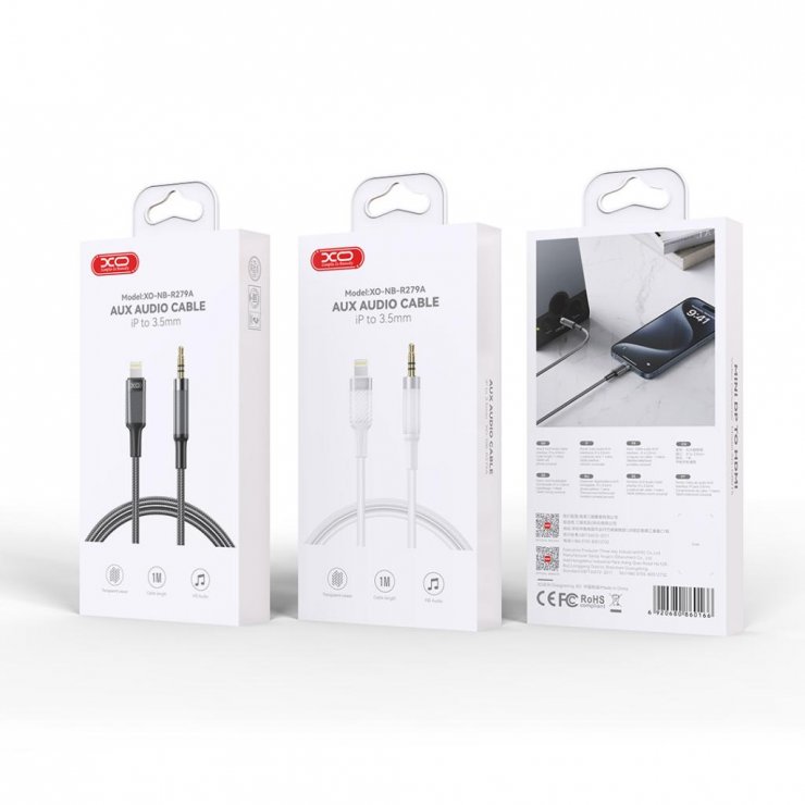 Imagine Cablu audio Lightning la jack stereo 3.5mm T-T 1m brodat Alb, XO NB-R279A