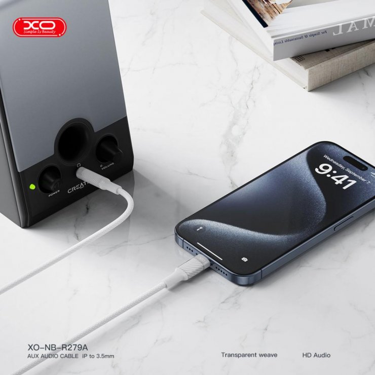 Imagine Cablu audio Lightning la jack stereo 3.5mm T-T 1m brodat Alb, XO NB-R279A