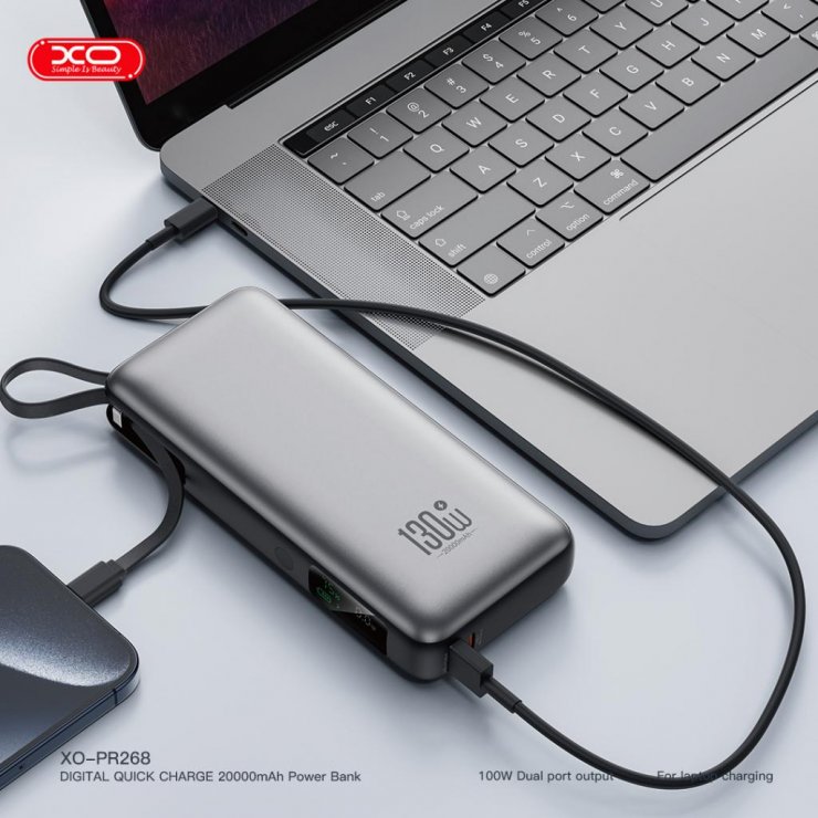 Imagine Power bank 20000 mAh 130W cu display + cablu USB-C Gri, XO PR268