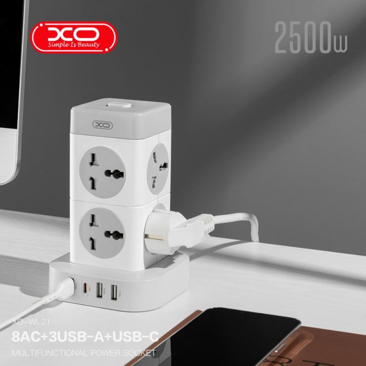 Imagine Priza cub cu 8 x Schuko + 3 x USB-A + USB-C (PD) 2m Alb, XO WL21