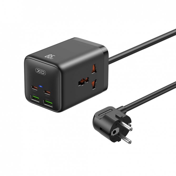 Imagine Incarcator priza 2 x Schuko + 2 x USB-A + 2 x USB-C 65W GaN Nitride 1.5m Negru, XO WL24