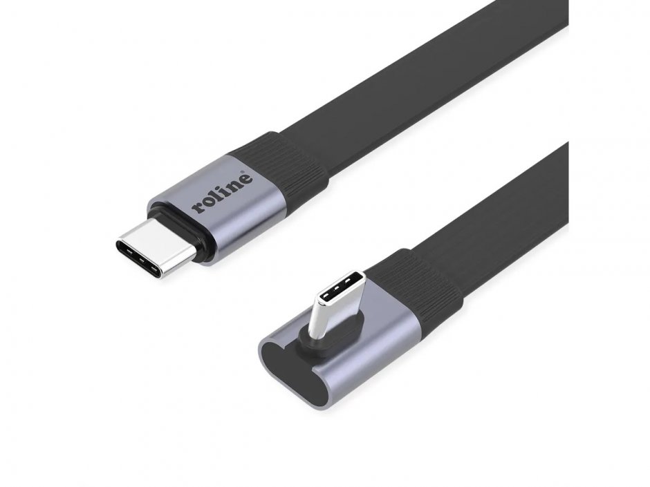 Imagine Cablu flat USB4 type C drept/unghi 8K UHD-2/80Gb/240W 0.8m Negru, Roline 11.02.9098
