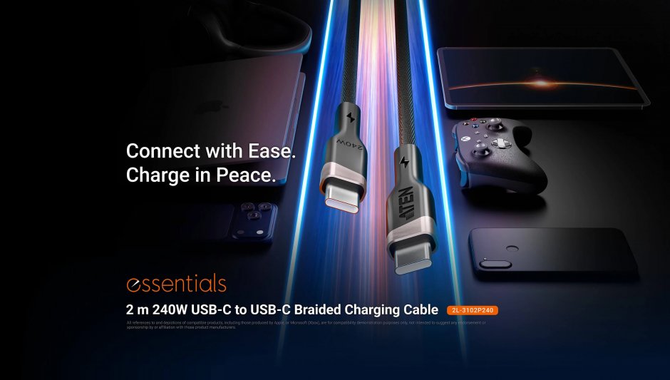 Imagine Cablu USB 2.0 type C la USB type C 240W E-Marker 2m brodat Negru, ATEN 2L-3102P240