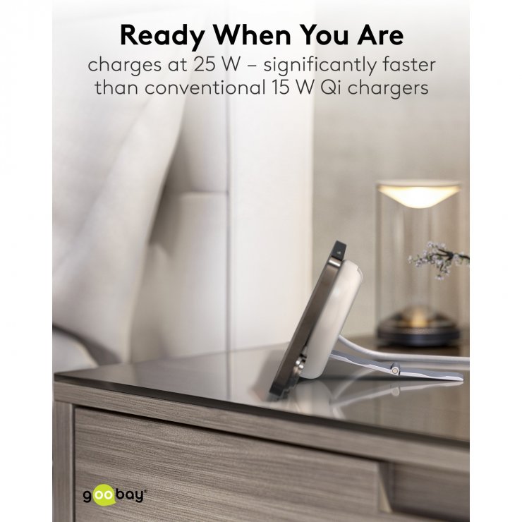 Imagine Incarcator magnetic Wireless Qi USB type C 25W cu stand, Goobay G80354