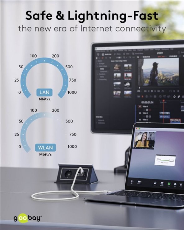 Imagine Cablu de retea USB-A la RJ45 Gigabit Cat.6 Slim 1m brodat Alb, Goobay G74377