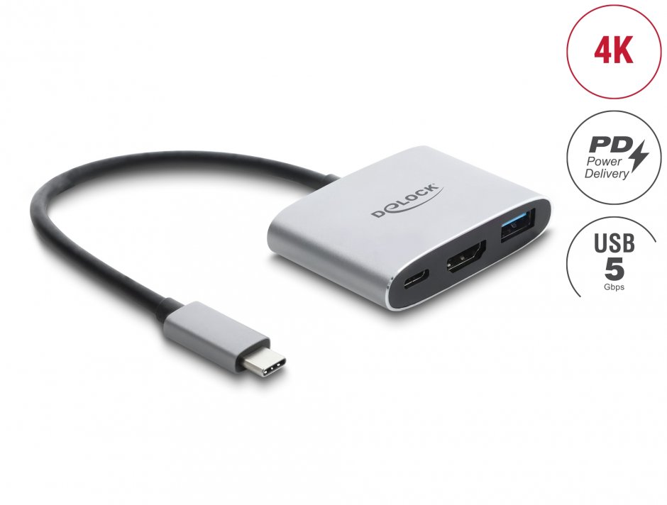 Imagine Docking station USB type C la HDMI 4K60Hz + USB-A + PD 3.1 140W, Delock 64368
