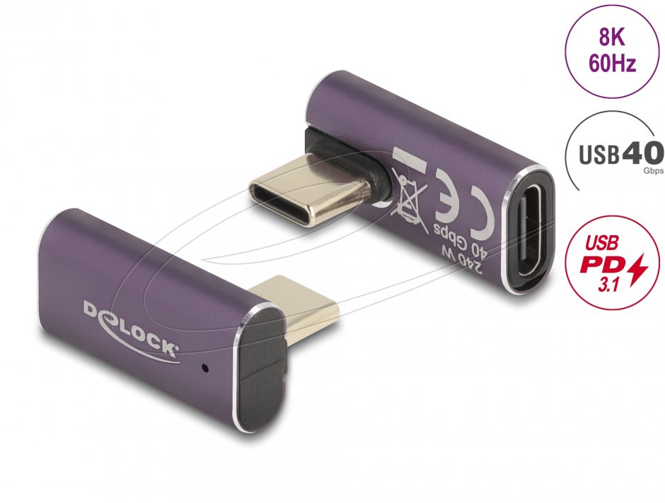 Imagine Adaptor USB 4 type C 8K60Hz/240W unghi 90 grade stanga/dreapta T-M, Delock 60288