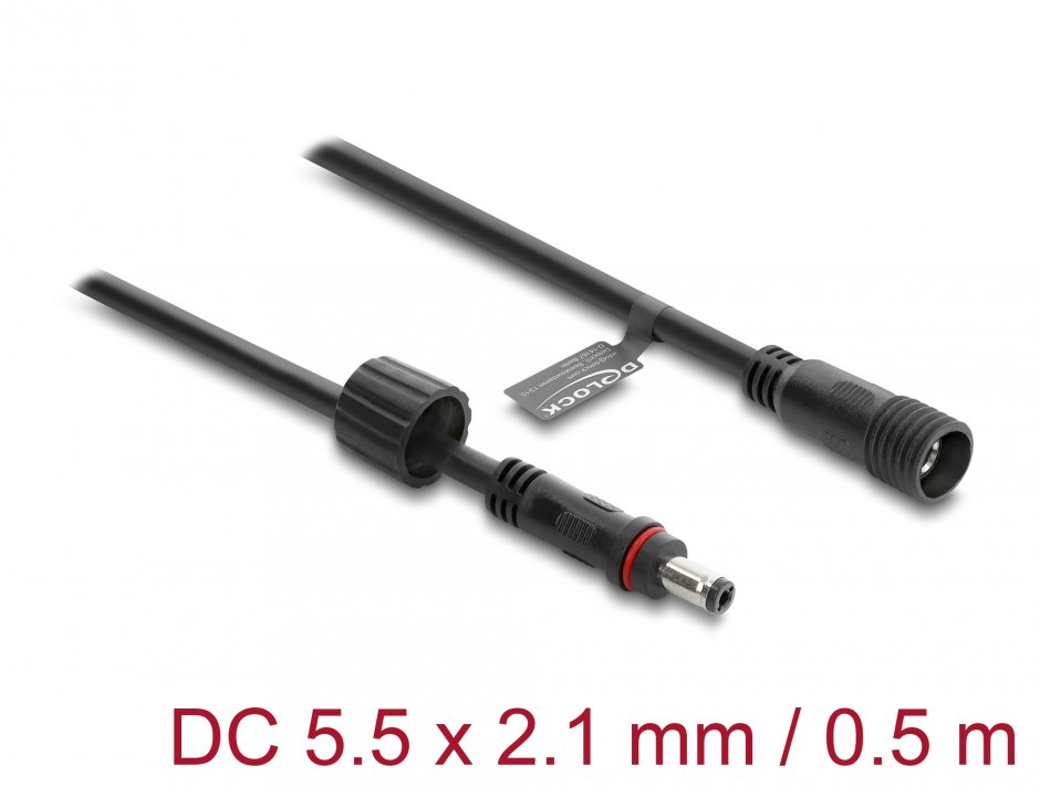 Imagine Cablu prelungitor alimentare 5.5 x 2.1mm T-M waterproof 0.5m Negru, Delock 66320
