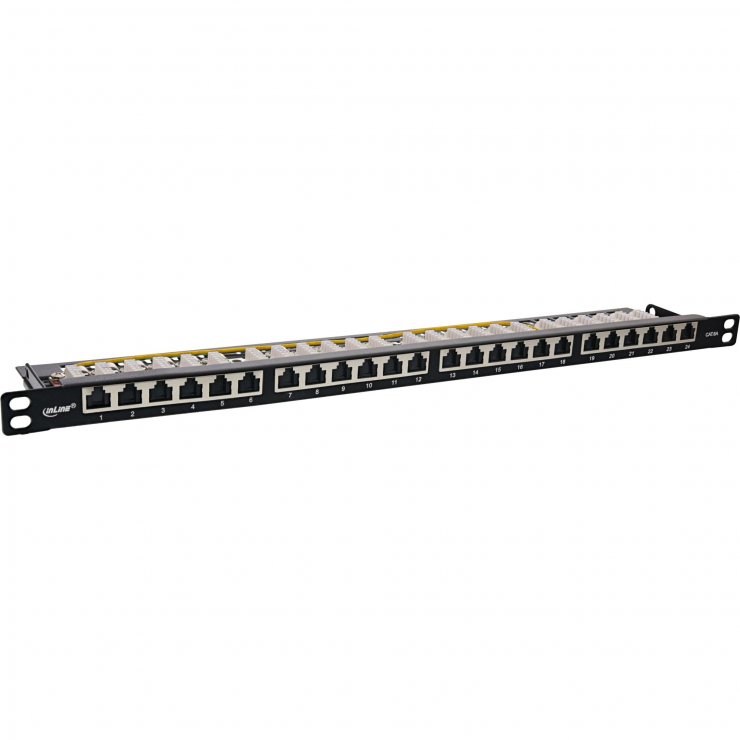Imagine Patch panel 24 porturi 19" Cat.6A 0.5U + capac protectie Negru, InLine IL76824M