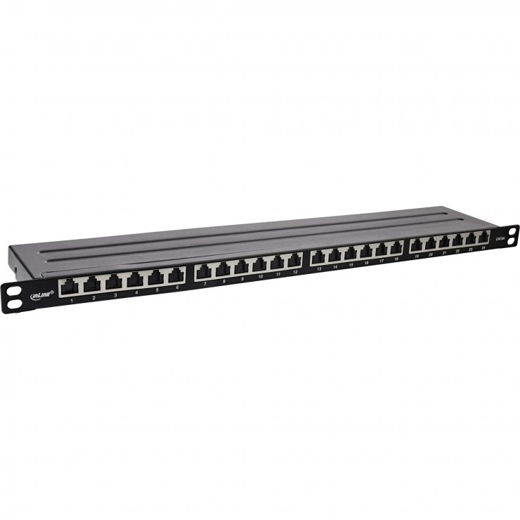 Imagine Patch panel 24 porturi 19" Cat.6A 0.5U + capac protectie Negru, InLine IL76824M