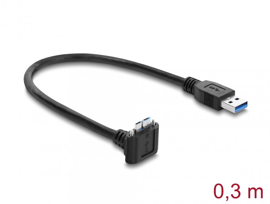 Imagine Cablu micro USB-B 3.0 cu suruburi la USB-A unghi/drept 0.3m Negru, Delock 80661