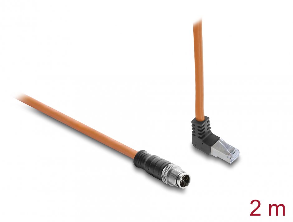 Imagine Cablu de retea M12 X-coded 8 pini la RJ45 S/FTP drept/unghi sus 2m Portocaliu, Delock 81000