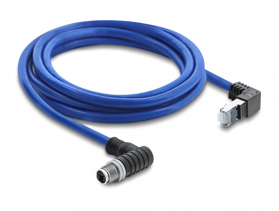 Imagine Cablu de retea M12 X-coded 8 pini la RJ45 S/FTP unghi jos/unghi sus 2m Albastru, Delock 81012