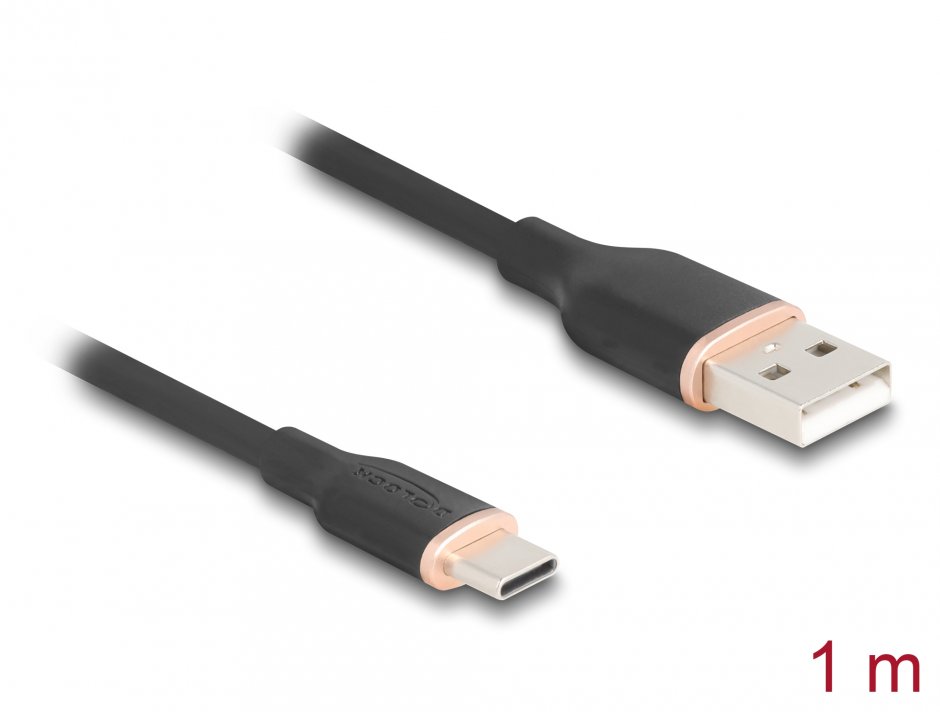 Imagine Cablu USB-A 2.0 la USB type C T-T 1m silicon Negru, Delock 81226