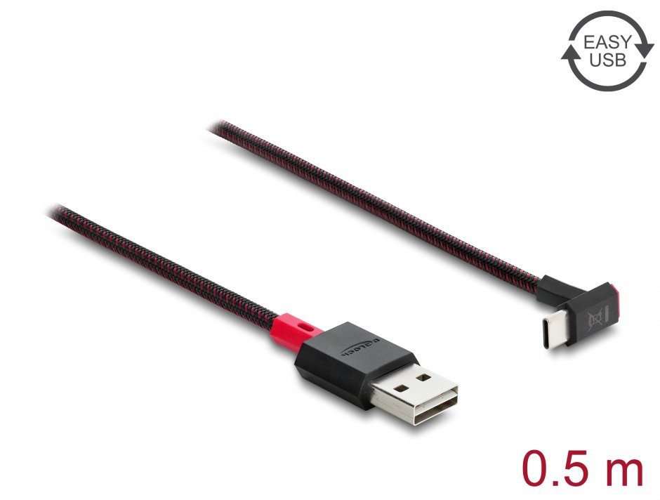 Imagine Cablu EASY-USB 2.0-A la USB Type C drept/unghi sus/jos T-T 0.5m Negru, Delock 81549