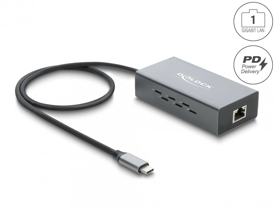 Imagine Adaptor retea USB type C la RJ45 Gigabit LAN PoE cu PD, Delock 81633