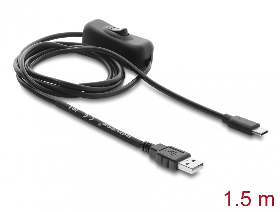 Imagine Cablu alimentare USB-A la USB type C cu switch ON/OFF T-T 1.5m, Delock 81659