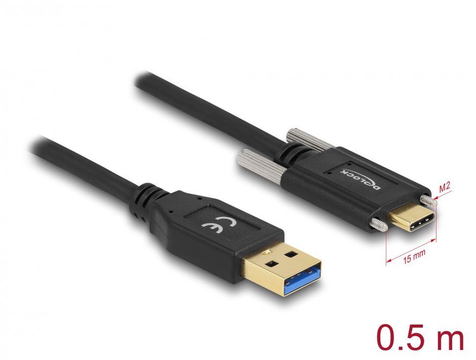 Imagine Cablu USB-A 10Gbps la USB Type C cu suruburi T-T 0.5m Negru, Delock 84007