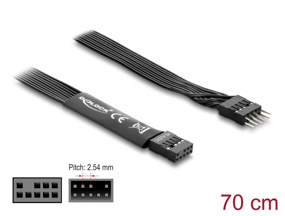 Imagine Cablu prelungitor HD Audio Flat placa baza pin header 9 pini M-T 0.7m Negru, Delock 86058