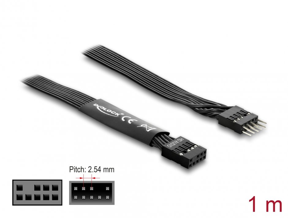 Imagine Cablu prelungitor HD Audio Flat placa baza pin header 9 pini M-T 1m Negru, Delock 86059
