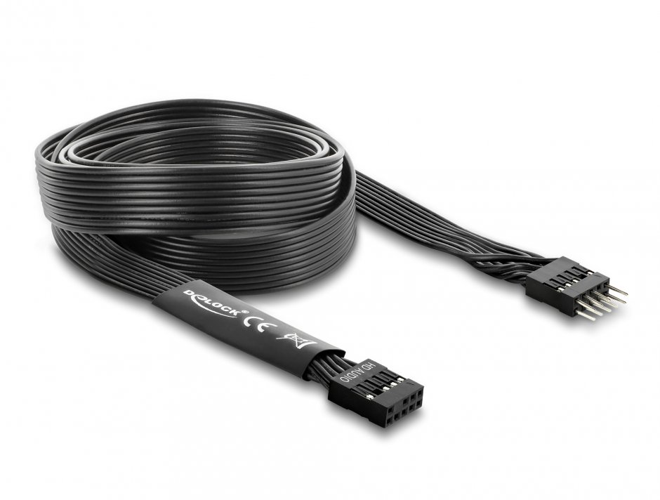 Imagine Cablu prelungitor HD Audio Flat placa baza pin header 9 pini M-T 1m Negru, Delock 86059