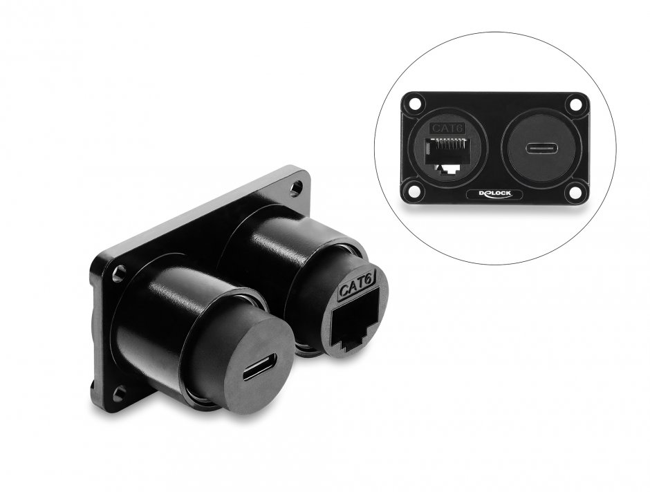 Imagine Priza montare birou cu USB type C 10 Gbps/PD 100W + RJ45 Cat.6 Negru, Delock 91170
