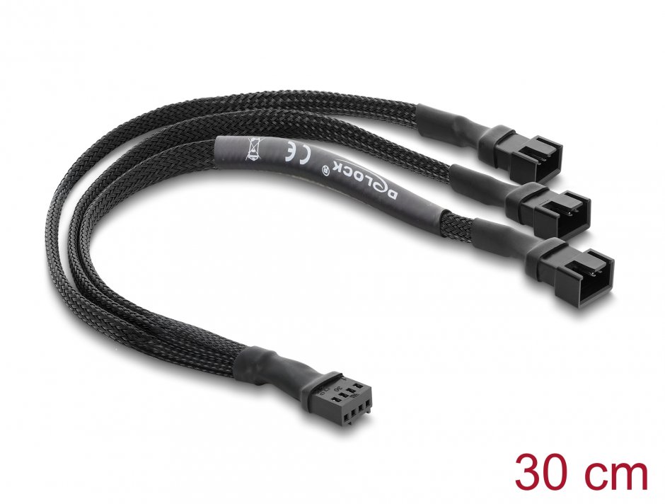 Imagine Splitter 1 x 4 pini ventilator PWM la 2 x 4 pini (3 pini conectati) M-T brodat 30cm Negru, Delock 91341