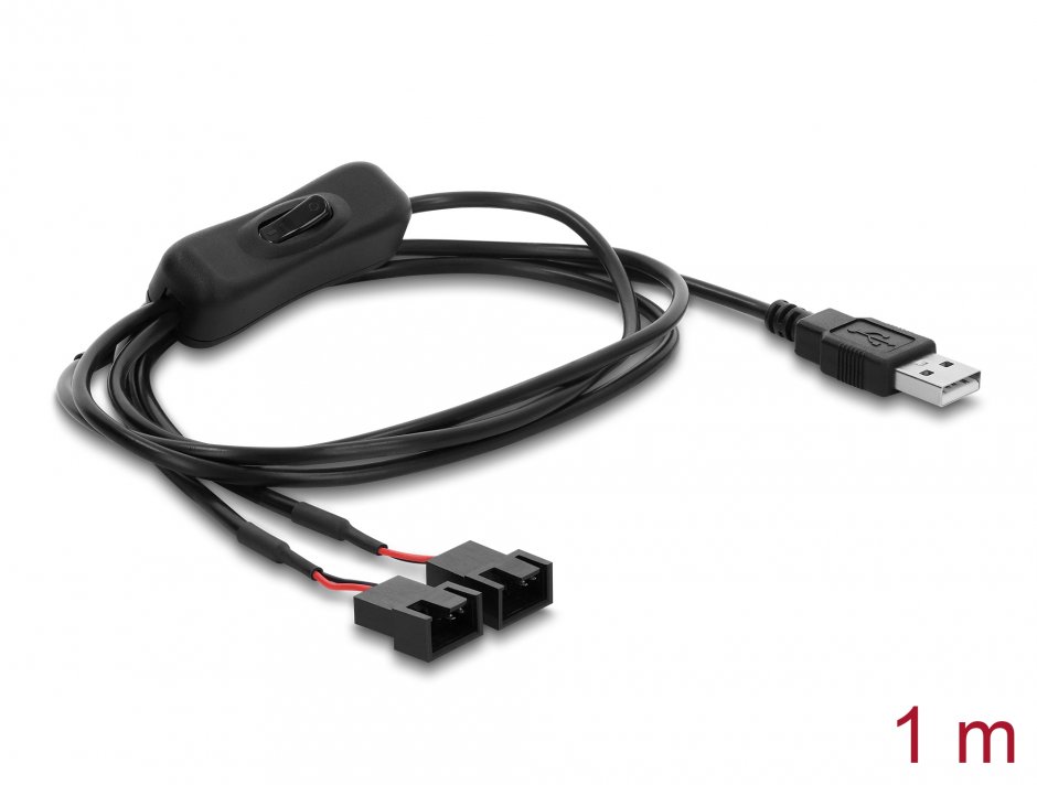 Imagine Cablu alimentare USB-A la 2 x ventilator 4 pini (2 pini conectati) T-T cu switch ON/OFF 1m, Delock 91343