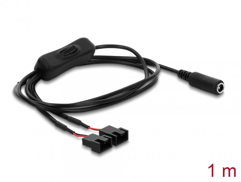 Imagine Cablu alimentare DC 5.5x2.1mm la 2 x ventilator 4 pini (2 pini conectati) M-T cu switch ON/OFF 1m, Delock 91355