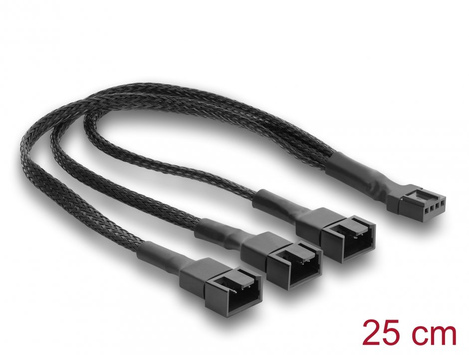 Imagine Splitter cablu fan 1 x 4 pini PWM + 2 x 4 pini (3 pini conectati) M-T brodat 25cm, Delock 91366