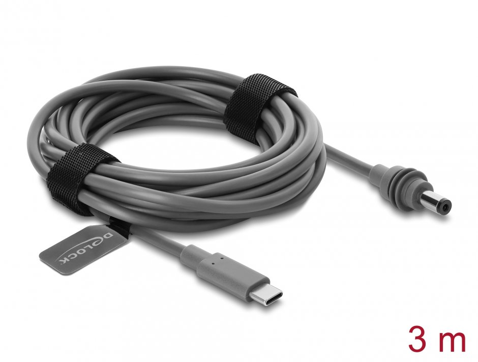 Imagine Cablu USB Type C la DC 5.5 x 2.1 mm T-T compatibil cu Starlink Mini 3m Gri, Delock 91821
