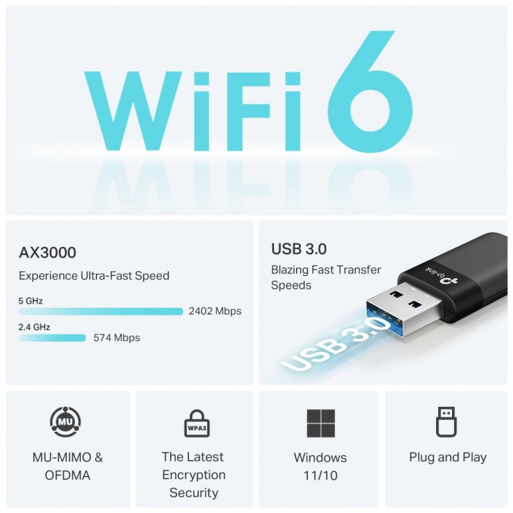 Imagine Adaptor USB wireless AX3000 Dual Band Wi-Fi 6, TP-LINK Archer TX50U