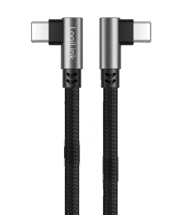 Imagine Cablu USB 2.0 type C T-T unghi/unghi 90 grade 100W 1m brodat Negru, Logilink CU0461