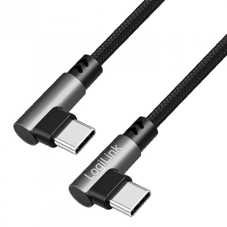 Imagine Cablu USB 2.0 type C T-T unghi/unghi 90 grade 100W 3m brodat Negru, Logilink CU0463