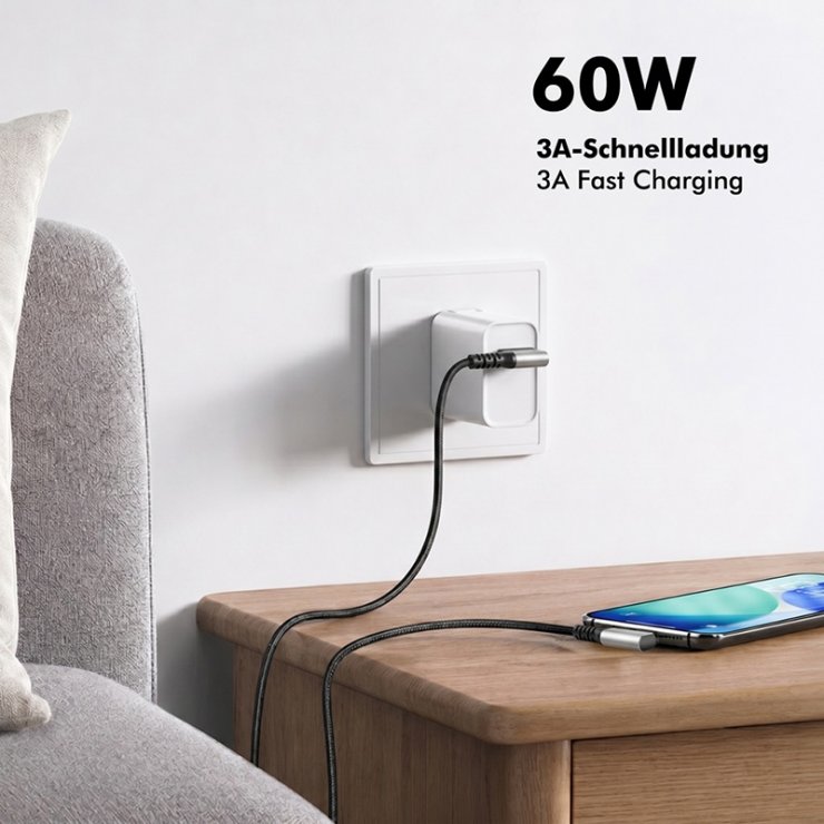 Imagine Cablu USB-A 3.0 la USB type C T-T unghi/unghi 90 grade 60W 2m brodat Negru, Logilink CU0473