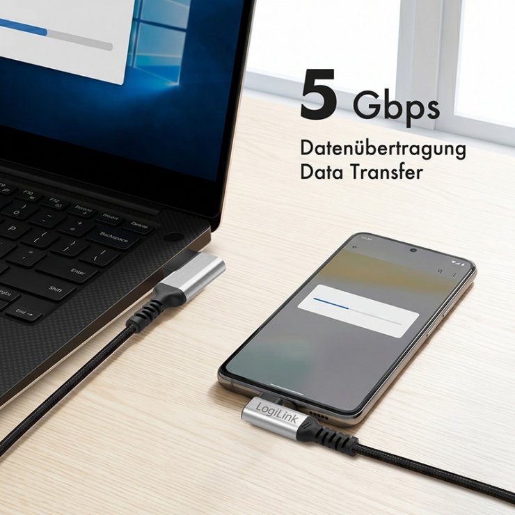 Imagine Cablu USB-A 3.0 la USB type C T-T unghi/unghi 90 grade 60W 2m brodat Negru, Logilink CU0473