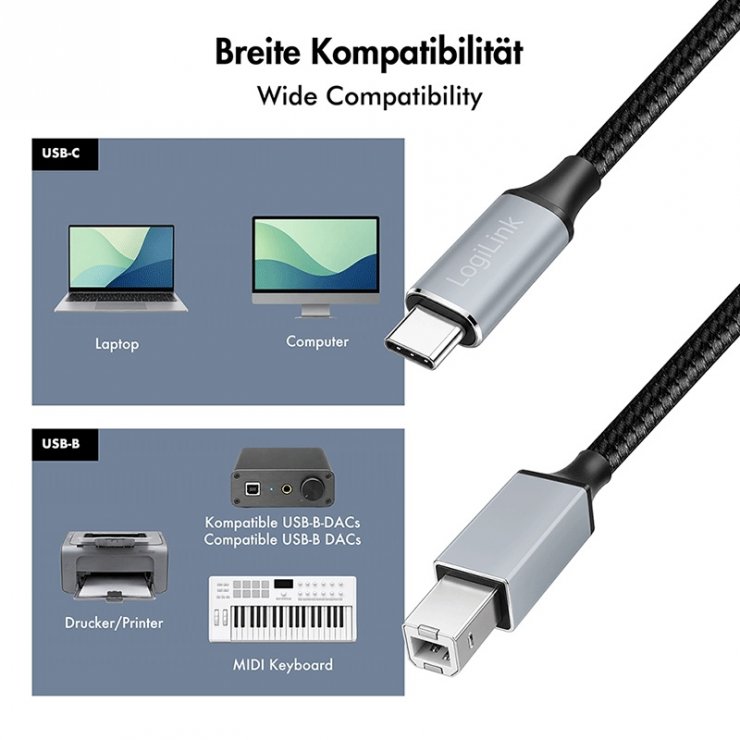 Imagine Cablu USB 2.0 type C la USB-B T-T 2m Negru, Logilink CU0515
