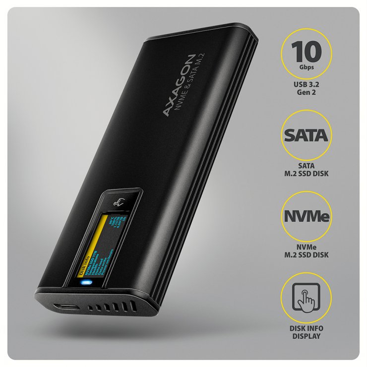 Imagine Rack extern USB type C 10Gbps la M.2 NVMe & SATA SSD cu display, Axagon EEM2-SD2B