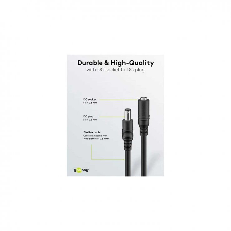 Imagine Cablu prelungitor alimentare DC 5.5x2.5mm T-M 5m Negru, Goobay G76673