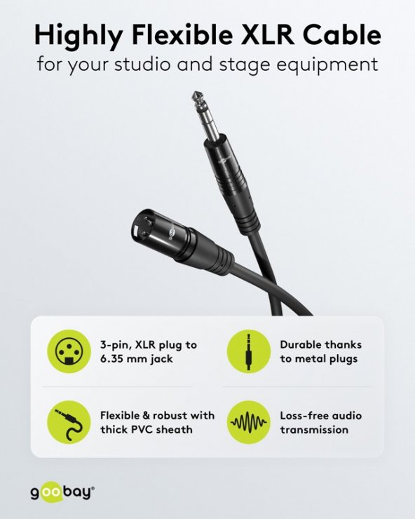 Imagine Cablu audio XLR 3 pini la jack stereo 6.35mm T-T 3m Negru, Goobay G80052