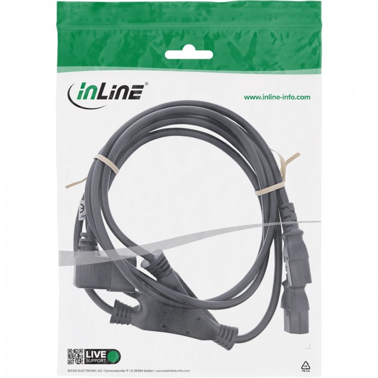 Imagine Cablu alimentare C14 la 2 x C13 unghi/drept 1.8m Negru, InLine IL16633A
