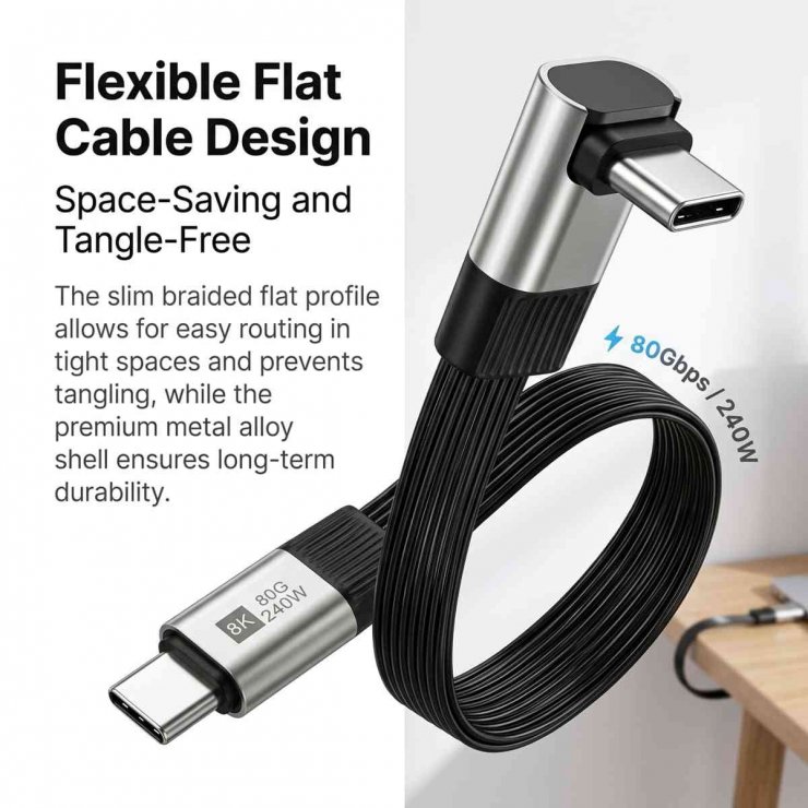 Imagine Cablu USB4 type C flat 8K60Hz 240W drept/unghi T-T 0.13m Negru, ku4fa3