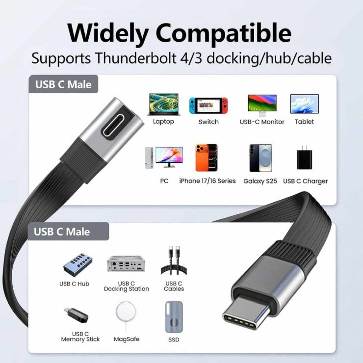 Imagine Cablu USB4 type C flat 8K60Hz 240W drept/unghi T-T 0.13m Negru, ku4fa4