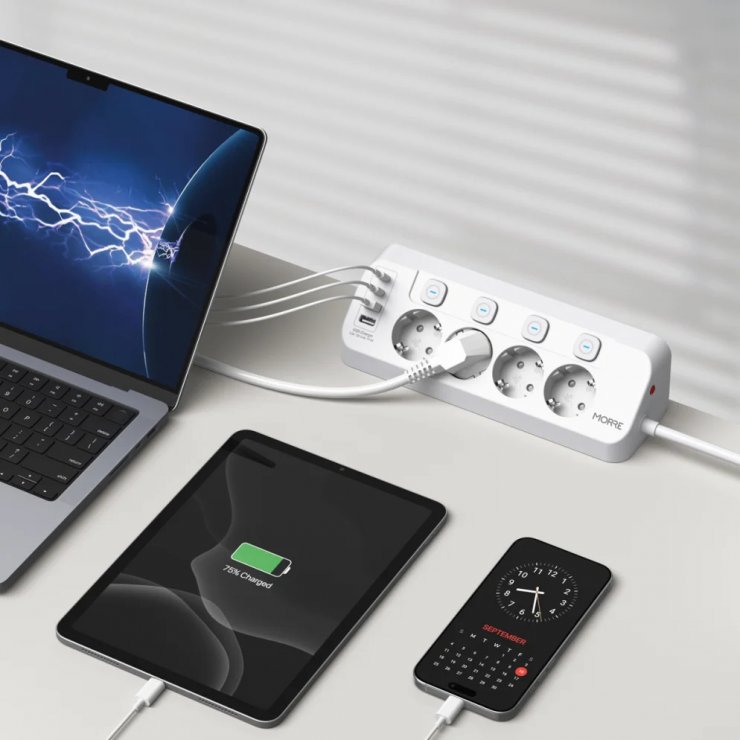 Imagine Prelungitor Schuko cu 4 prize + 2 x USB type C + 2 x USB-A 15W 2m Negru, M412