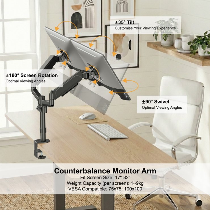 Imagine Suport masa pentru 2 monitoare 17"-32" max. 9kg, Gembird MA-DA2P-01